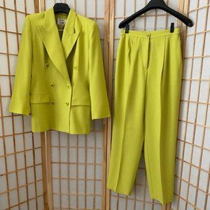 Lime-green double-breasted jacket and pants business suit by Clara, size 12